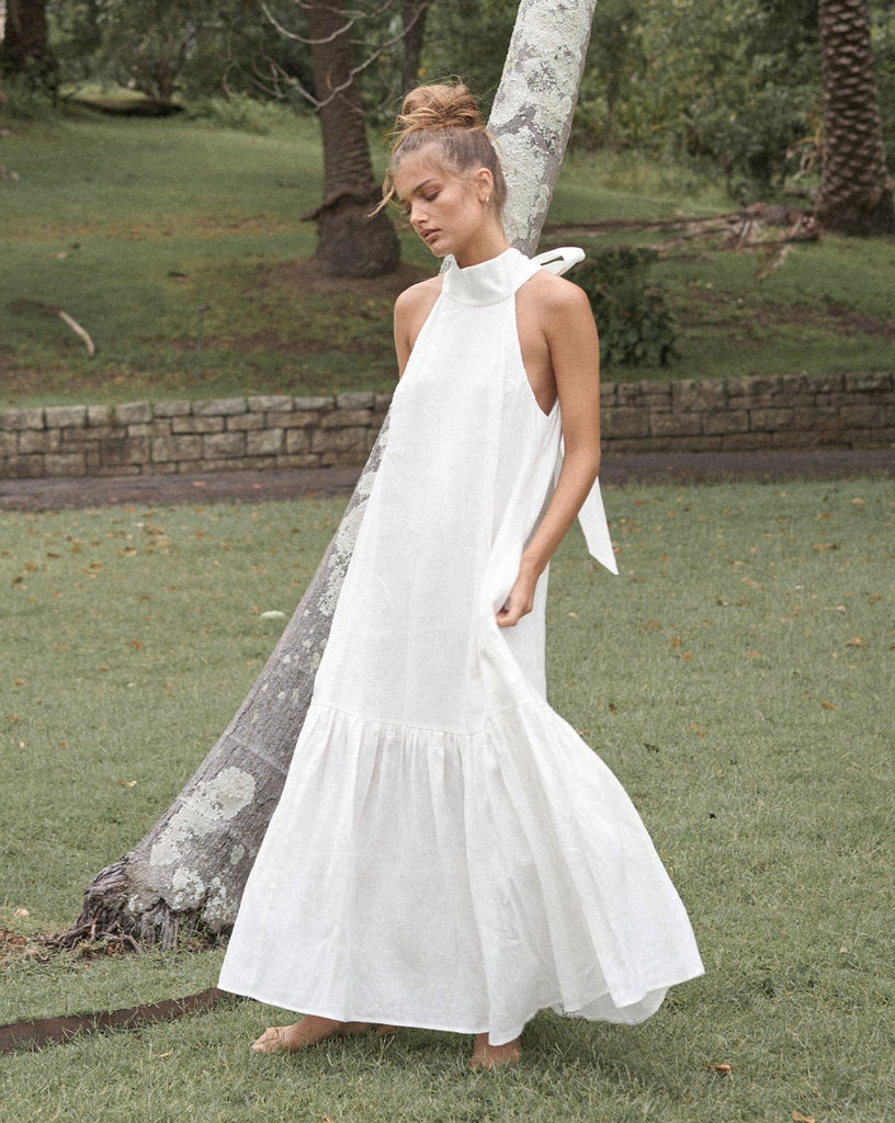 Aruba Linen Tie-Neck Dress - White