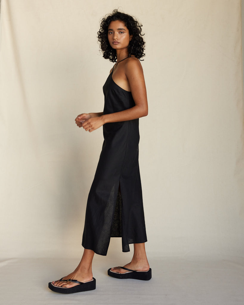 Krisha Linen Halter Midi Dress - Black - Second Image
