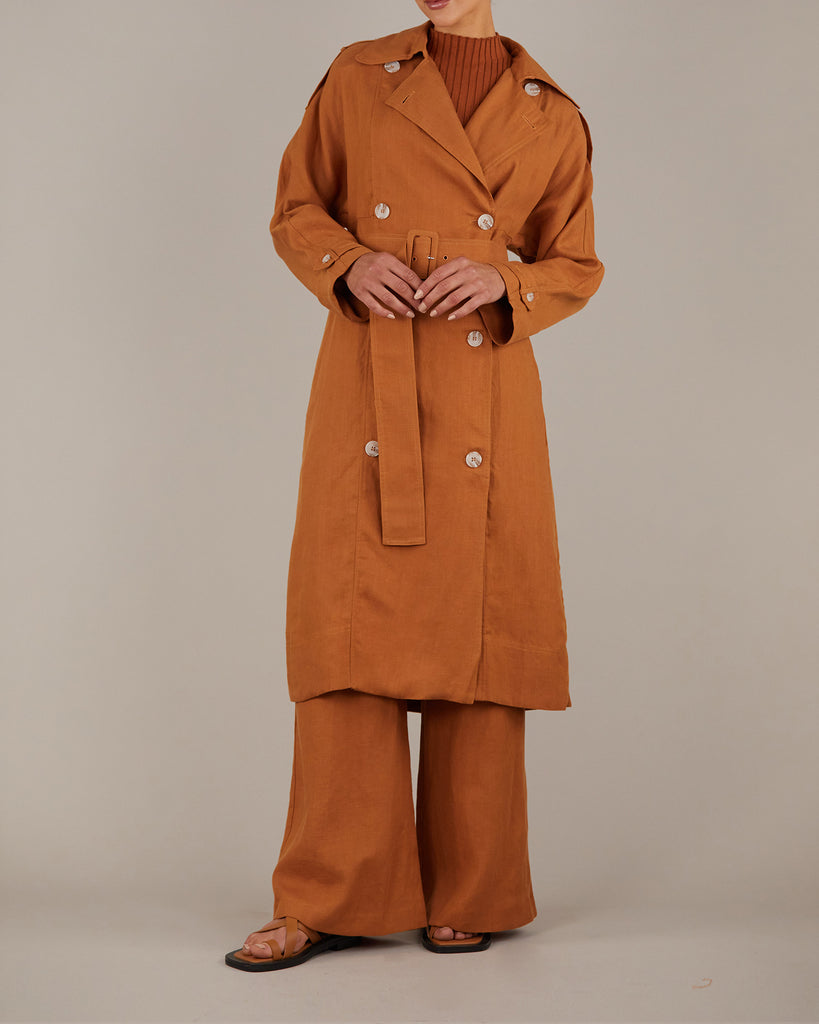 Elvie Linen Trench Coat - Ochre - Second Image