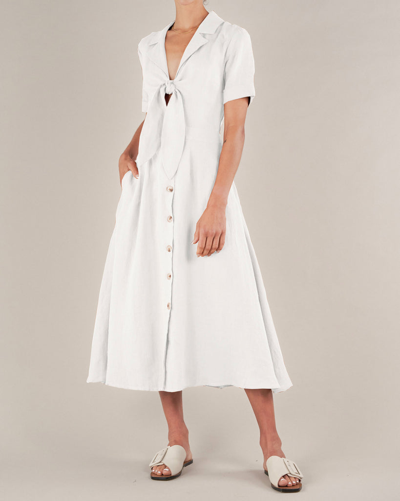Ines Linen Tie Front Dress - White
