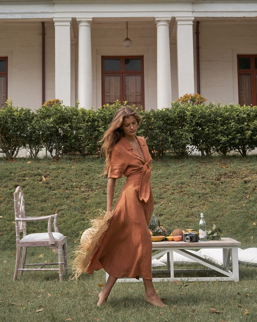 Ines Linen Tie Front Dress - Burnt Orange - Second Image