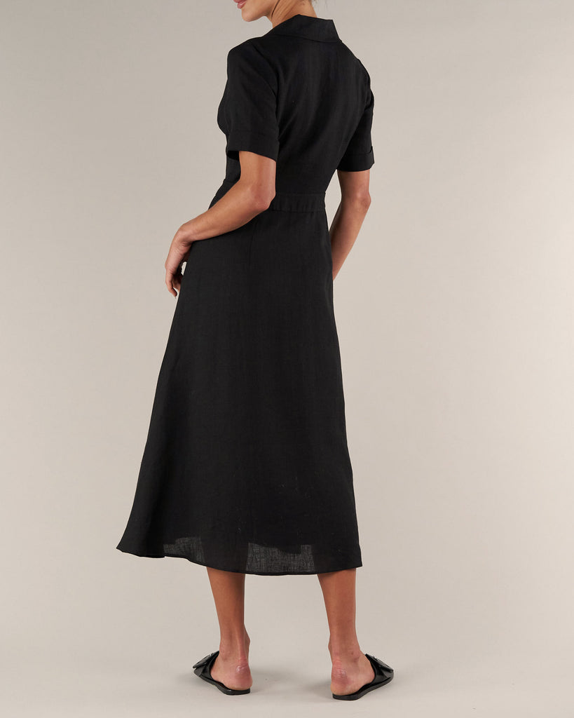 Ines Linen Tie Front Dress - Black - Second Image