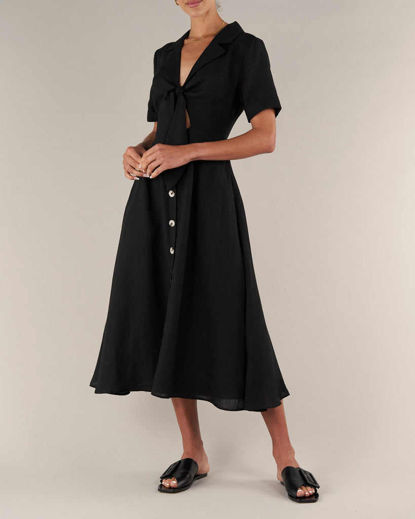 Ines Linen Tie Front Dress - Black