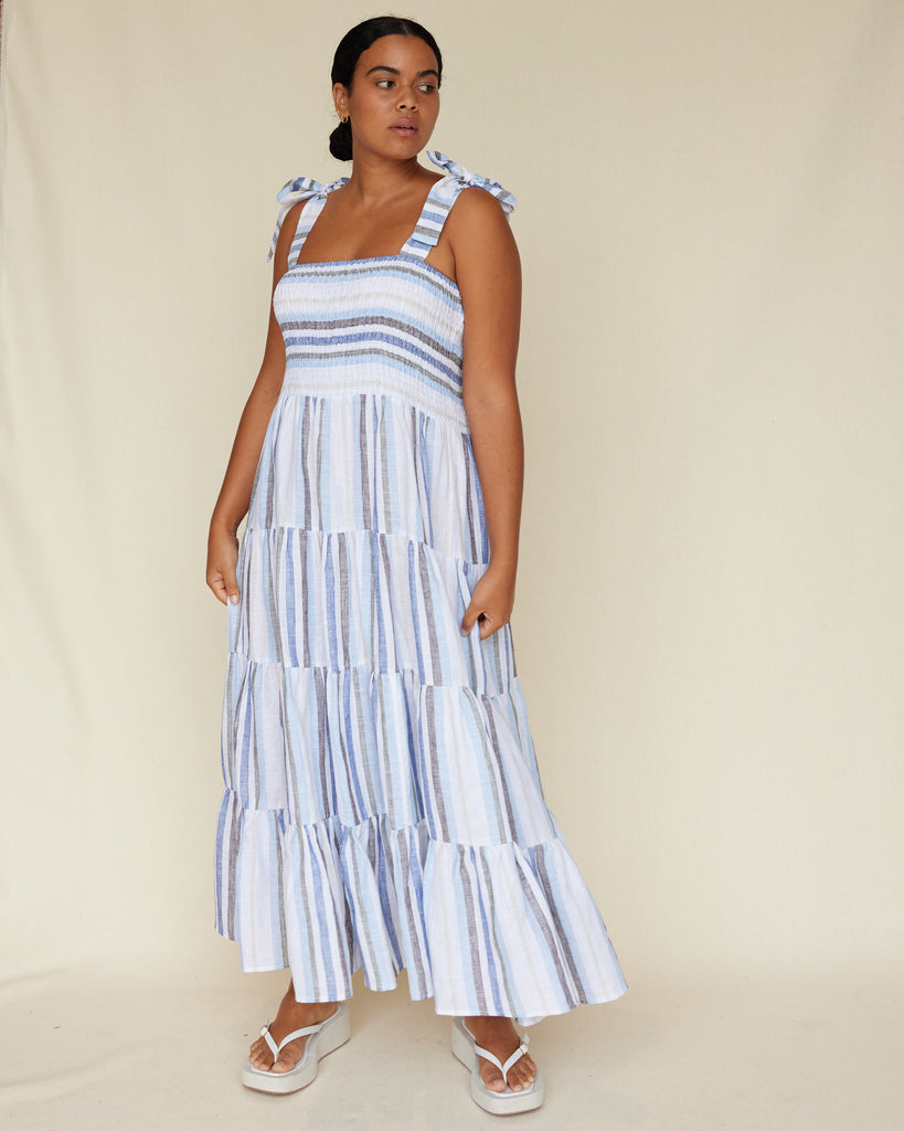 Zanci Stripe Linen Dress - Blue