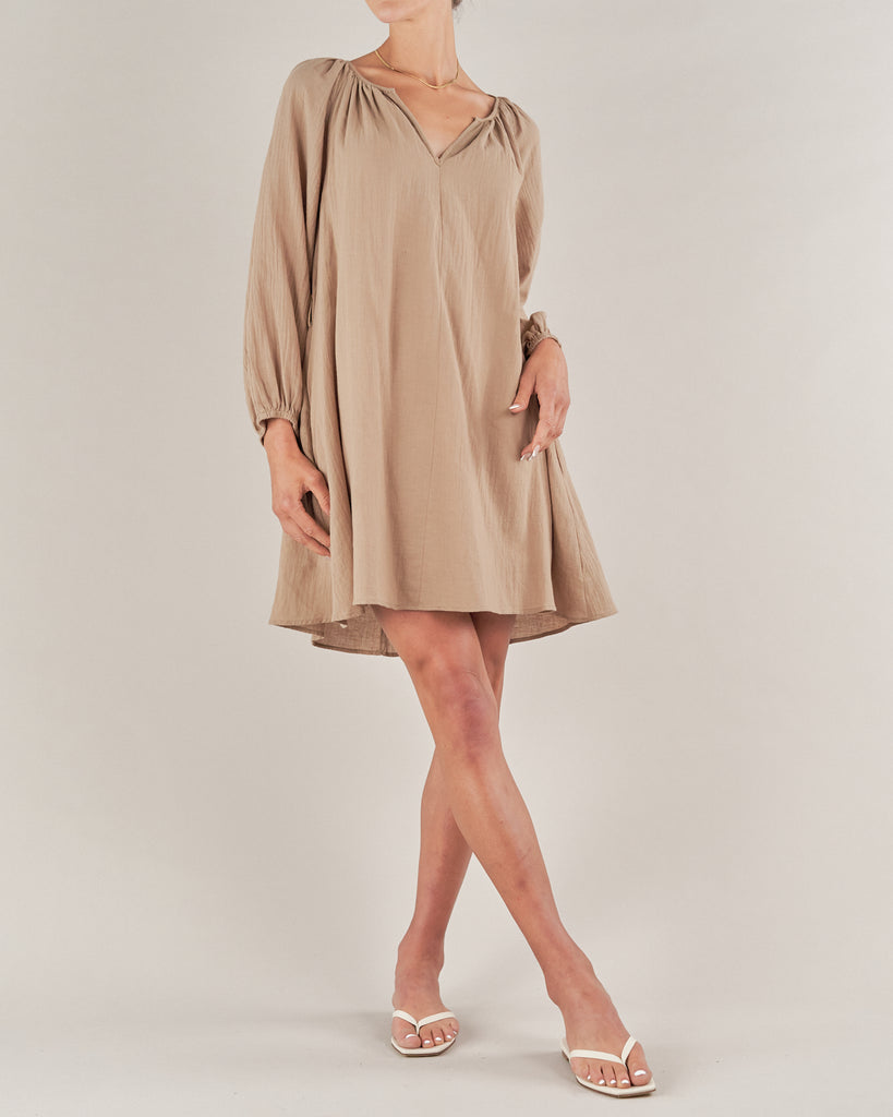 Panama Linen Cotton Gauze Mini Dress - Taupe - Second Image