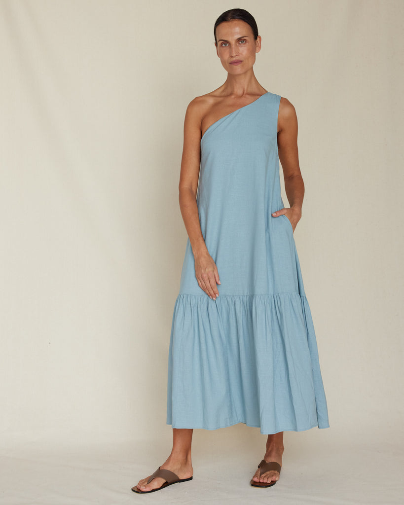Aruba Linen One Shoulder Dress - Duckegg Blue